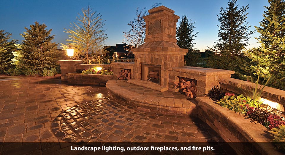Outdoor fireplace and fire pit landscape lighting